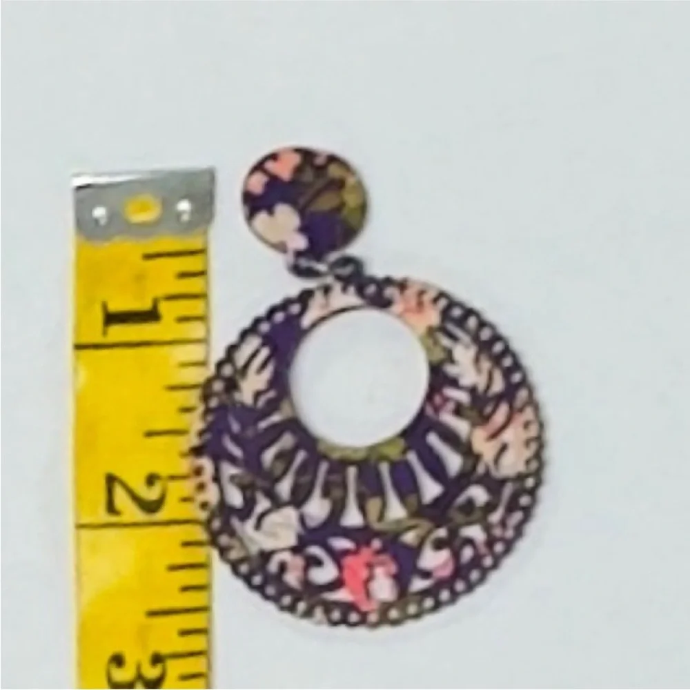 UNBRANDED Bohemian RETRO Purple Floral Print WOODEN Stud Drop Dangle EARRINGS